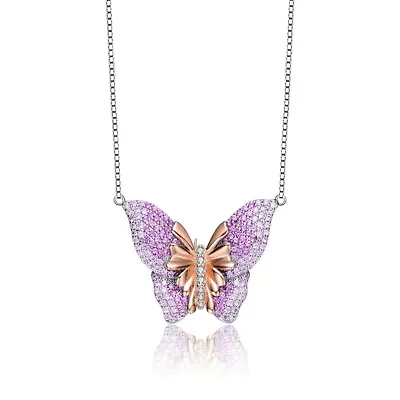 Lab Created Sterling Silver White Gold Plated with Clear & Ruby Red Cubic Zirconia Butterfly Necklace
