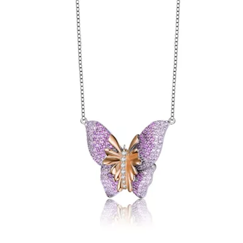 Lab Created Sterling Silver White Gold Plated with Clear & Ruby Red Cubic Zirconia Butterfly Necklace
