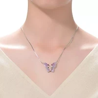 Lab Created Sterling Silver White Gold Plated with Clear & Ruby Red Cubic Zirconia Butterfly Necklace