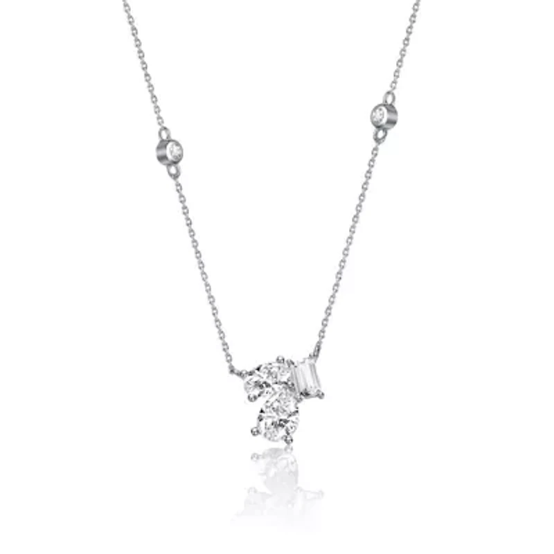 Lab Created Sterling Silver White Gold Plated with Clear Cubic Zirconia Cluster Station Necklace