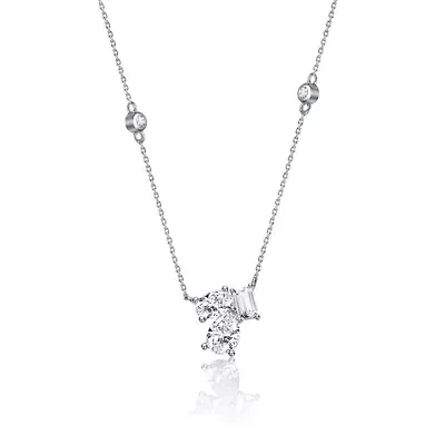 Lab Created Sterling Silver White Gold Plated with Clear Cubic Zirconia Cluster Station Necklace