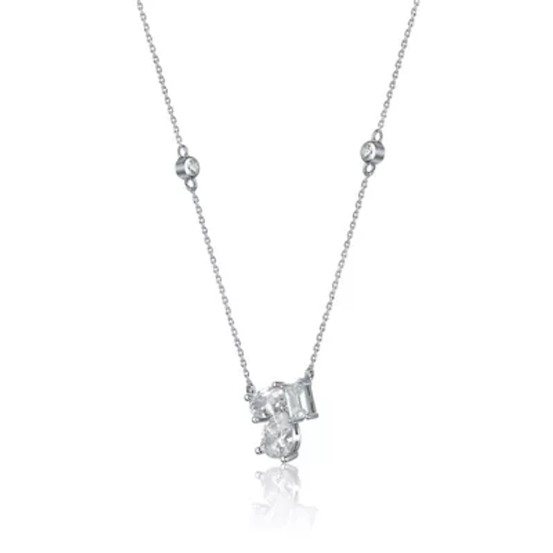 Lab Created Sterling Silver White Gold Plated with Clear Cubic Zirconia Cluster Station Necklace
