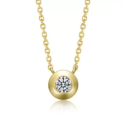 Lab Created Sterling Silver 14K Gold Plated with Clear Round Cubic Zirconia Bezel Solitaire Necklace