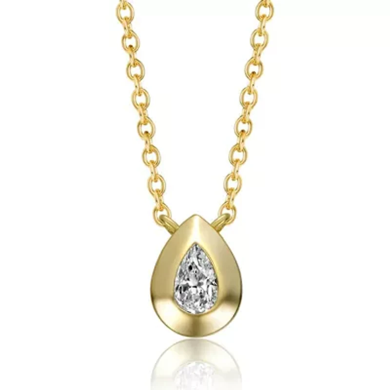 Lab Created Sterling Silver 14K Gold Plated with Bezel Set Clear Rectangular Cubic Zirconia Solitaire Necklace