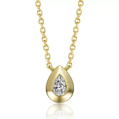 Lab Created Sterling Silver 14K Gold Plated with Bezel-Set Clear Raindrop Cubic Zirconia Pear-Shaped Solitaire Necklace