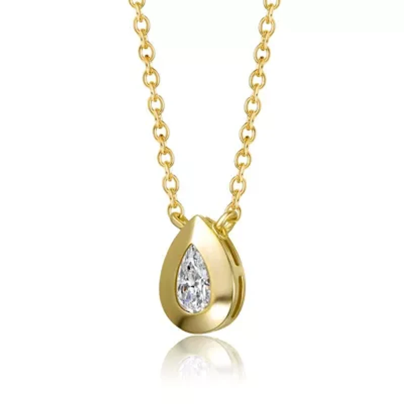 Lab Created Sterling Silver 14K Gold Plated with Bezel-Set Clear Raindrop Cubic Zirconia Pear-Shaped Solitaire Necklace
