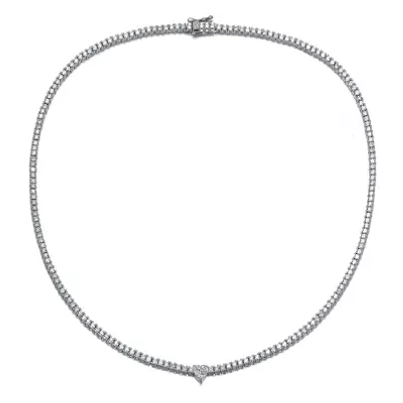 Lab Created White Gold Plated with Clear Cubic Zirconia Tennis Necklace with Heart Centerpiece