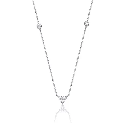 Lab Created Sterling Silver White Gold Plated with Clear Cubic Zirconia on Triangle Pendant