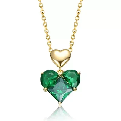 Lab Created Sterling Silver 14K Gold Plated with Green Cubic Zirconia Double Heart Pendant Necklace
