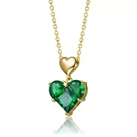 Lab Created Sterling Silver 14K Gold Plated with Green Cubic Zirconia Double Heart Pendant Necklace