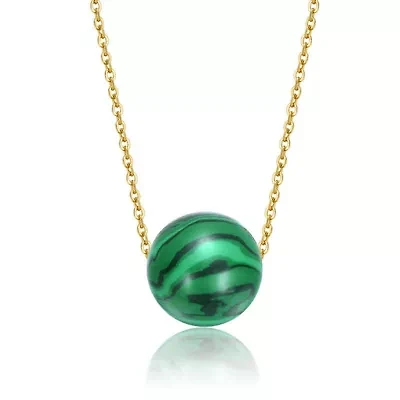 Lab Created Sterling Silver 14K Gold Plated with Green Sphere Malachite Necklace