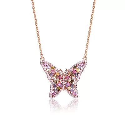 Lab Created Sterling Silver 18K Rose Plated with Multi-Color Cubic Zirconia Butterfly Necklace