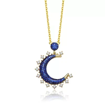 Lab Created Sterling Silver with 14K Gold Plated and Black Plated with Sapphire Blue Cubic Zirconia Moon Charm Necklace