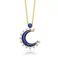 Lab Created Sterling Silver with 14K Gold Plated and Black Plated with Sapphire Blue Cubic Zirconia Moon Charm Necklace