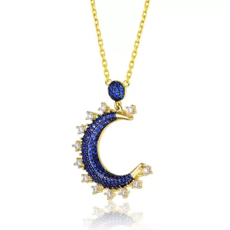 Lab Created Sterling Silver with 14K Gold Plated and Black Plated with Sapphire Blue Cubic Zirconia Moon Charm Necklace