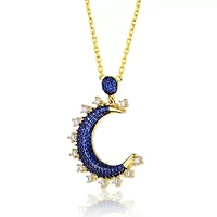 Lab Created Sterling Silver with 14K Gold Plated and Black Plated with Sapphire Blue Cubic Zirconia Moon Charm Necklace