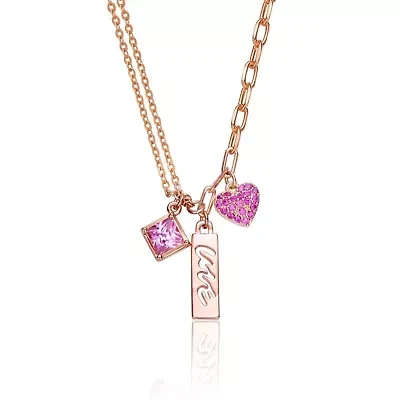 Lab Created Sterling Silver 18K Rose Plated with Pink Cubic Zirconia Heart Necklace