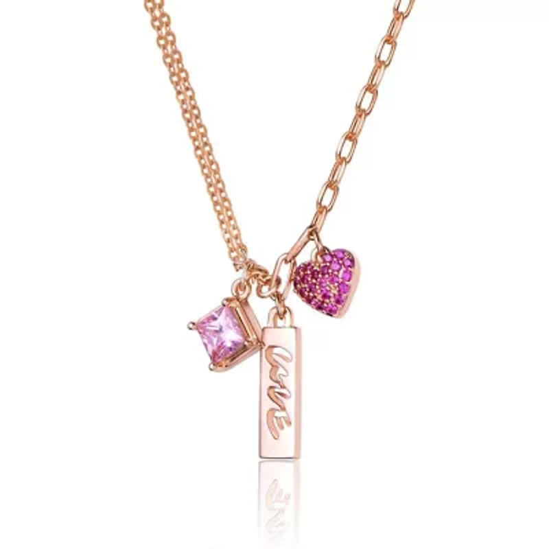 Lab Created Sterling Silver 18K Rose Plated with Pink Cubic Zirconia Heart Necklace