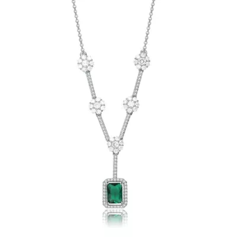 Lab Created Sterling Silver White Gold Plated with Emerald Green Cubic Zirconia Square Necklace