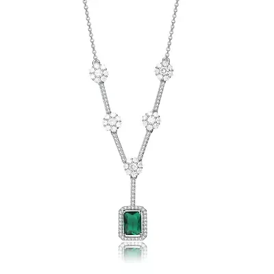 Lab Created Sterling Silver White Gold Plated with Emerald Green Cubic Zirconia Square Necklace