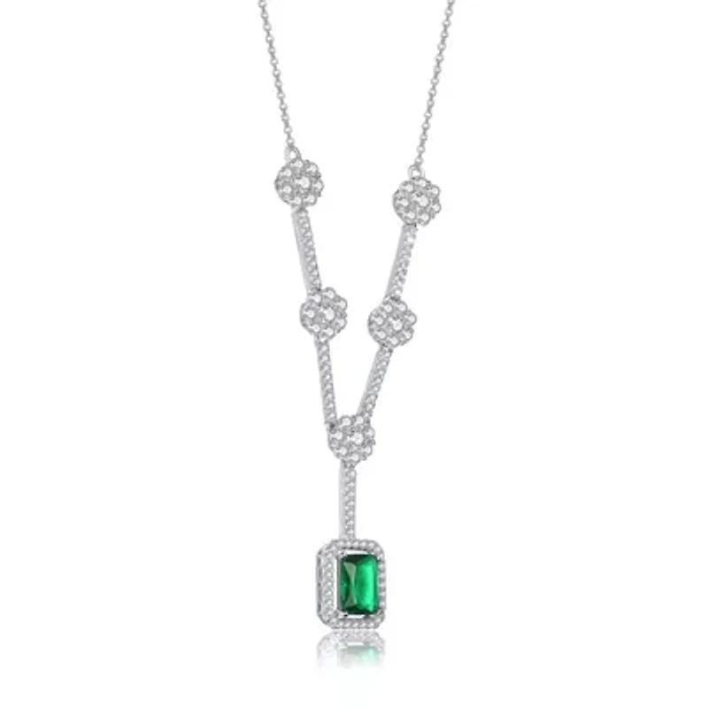 Lab Created Sterling Silver White Gold Plated with Emerald Green Cubic Zirconia Square Necklace