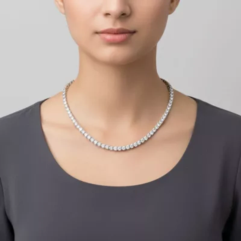 Lab Created Rozzato Sterling Silver White Gold Plated with Cubic Zirconia Eternity Circle Tennis Necklace