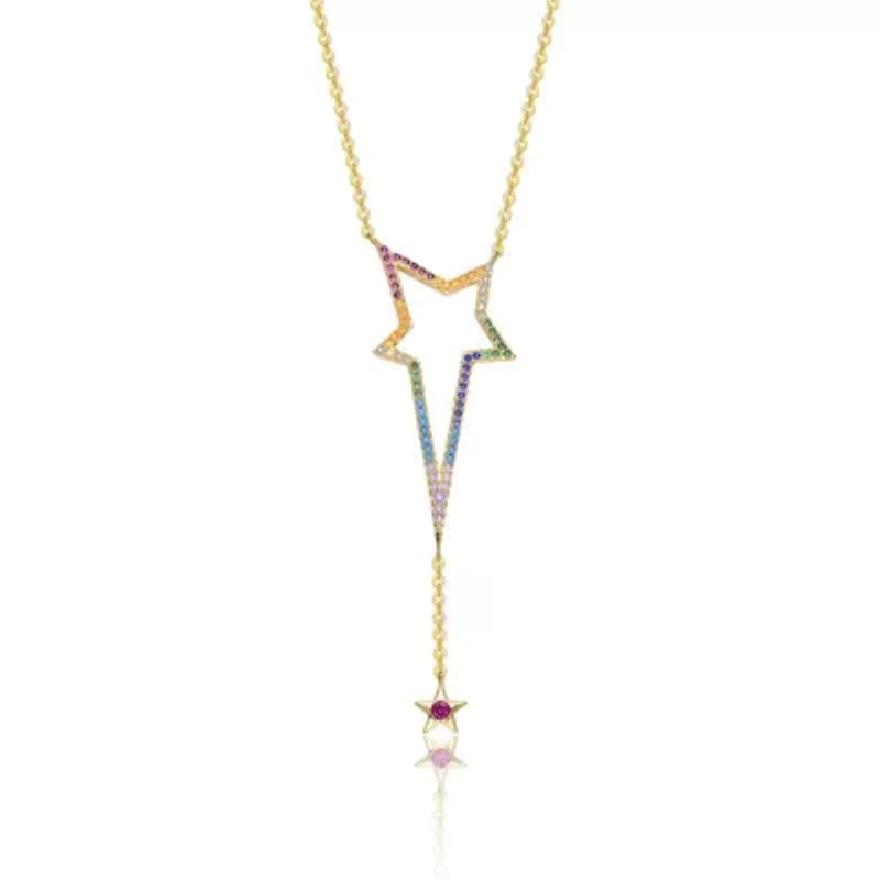 Lab Created Sterling Silver 14K Gold Plated with Multi-Color Cubic Zirconia Spring Ring Star Necklace