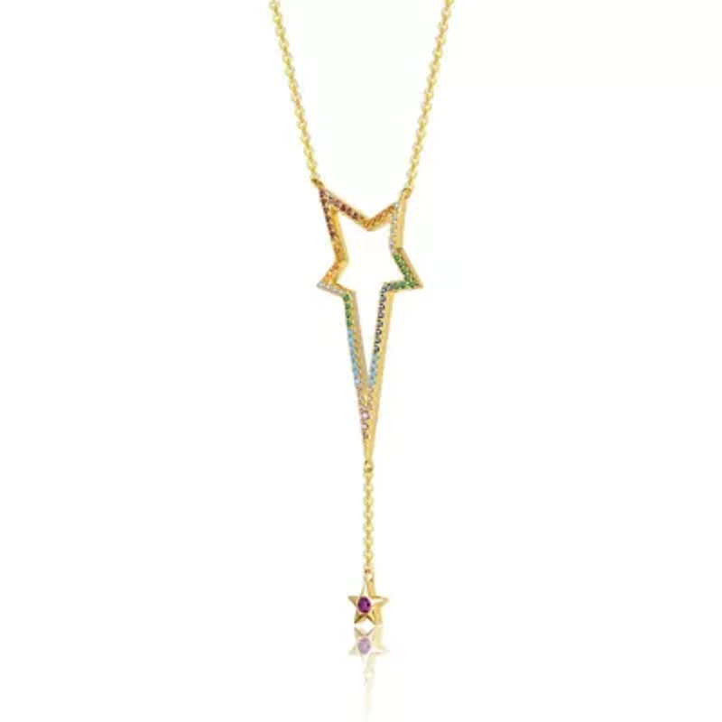 Lab Created Sterling Silver 14K Gold Plated with Multi-Color Cubic Zirconia Spring Ring Star Necklace