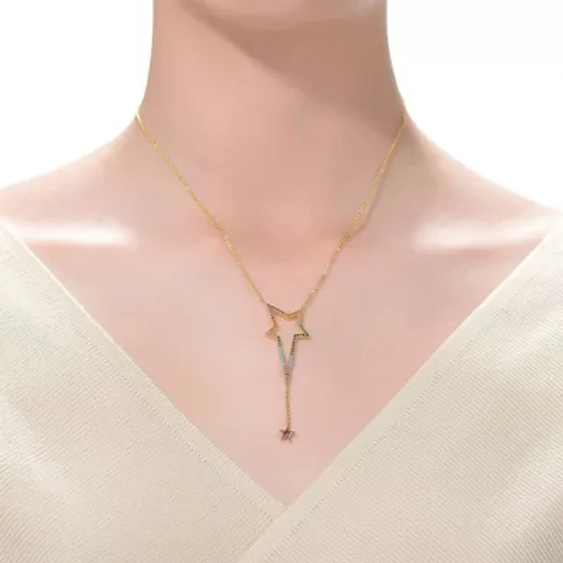 Lab Created Sterling Silver 14K Gold Plated with Multi-Color Cubic Zirconia Spring Ring Star Necklace