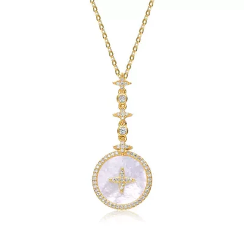 Lab Created Sterling Silver 14K Gold Plated with White Mother-of-Pearl Round Spring Ring Pendant Necklace
