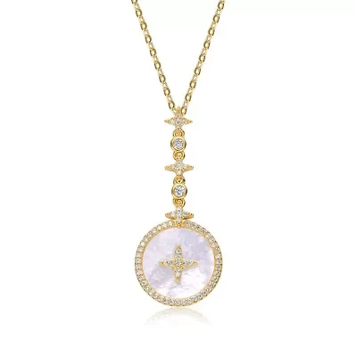 Lab Created Sterling Silver 14K Gold Plated with White Mother-of-Pearl Round Spring Ring Pendant Necklace