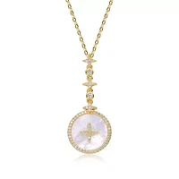 Lab Created Sterling Silver 14K Gold Plated with White Mother-of-Pearl Round Spring Ring Pendant Necklace