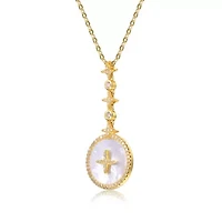 Lab Created Sterling Silver 14K Gold Plated with White Mother-of-Pearl Round Spring Ring Pendant Necklace
