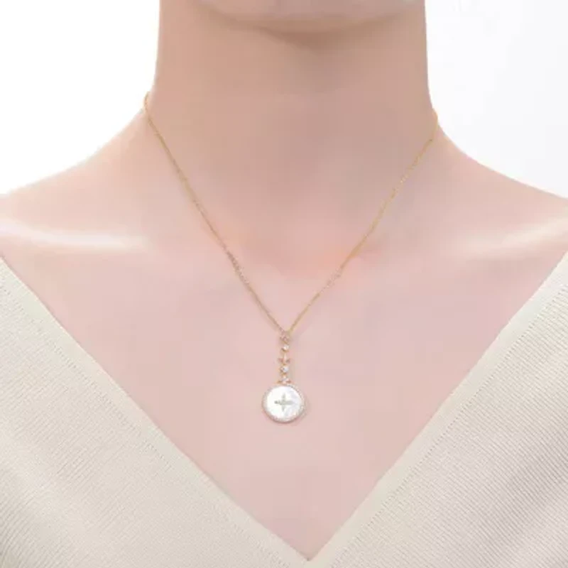Lab Created Sterling Silver 14K Gold Plated with White Mother-of-Pearl Round Spring Ring Pendant Necklace