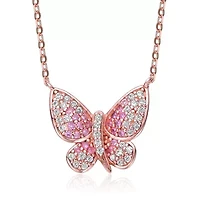 Lab Created Sterling Silver 18K Rose Gold Plated with Ruby Red Cubic Zirconia Butterfly Spring Ring Adjustable Necklace for Teens