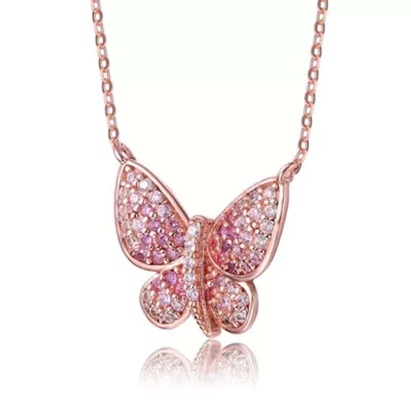 Lab Created Sterling Silver 18K Rose Gold Plated with Ruby Red Cubic Zirconia Butterfly Spring Ring Adjustable Necklace for Teens