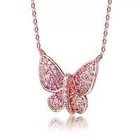 Lab Created Sterling Silver 18K Rose Gold Plated with Ruby Red Cubic Zirconia Butterfly Spring Ring Adjustable Necklace for Teens