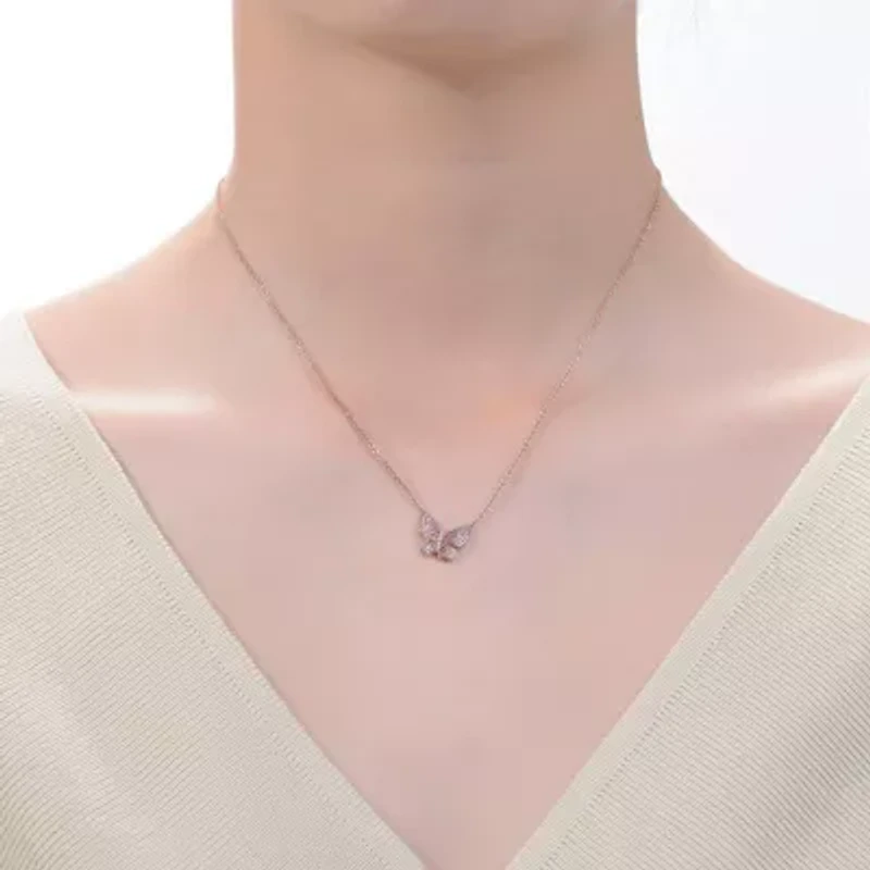 Lab Created Sterling Silver 18K Rose Gold Plated with Ruby Red Cubic Zirconia Butterfly Spring Ring Adjustable Necklace for Teens