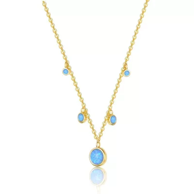 Lab Created Sterling Silver 14K Gold Plated with Opal Cubic Zirconia Round Spring Ring Pendant Necklace for Teens
