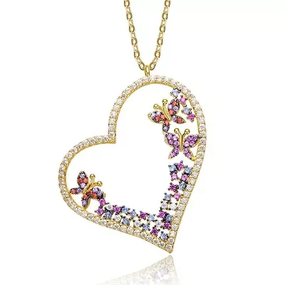 Lab Created Sterling Silver 14K Gold Plated Multi Colored Cubic Zirconia Heart Necklace for Teens