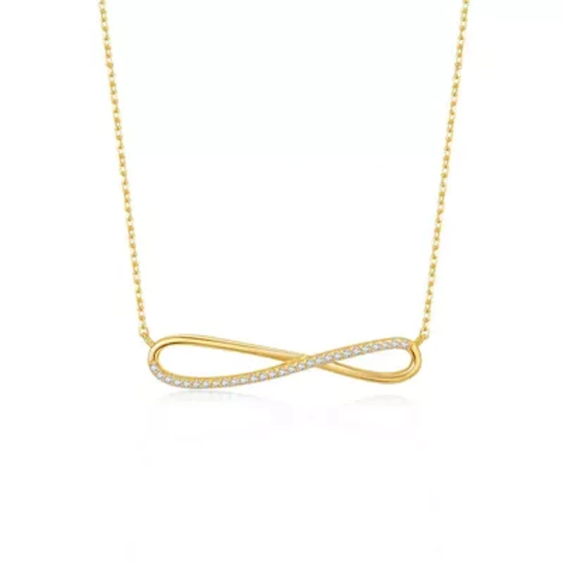 Lab Created Sterling Silver 14K Gold Plated with Clear Cubic Zirconia Infinity Symbol Ribbon Pendant Necklace