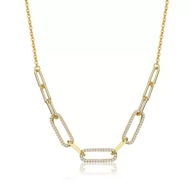 Lab Created Sterling Silver 14K Gold Plated with Clear Cubic Zirconia Elongated Cable Link Chain Necklace