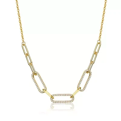 Lab Created Sterling Silver 14K Gold Plated with Clear Cubic Zirconia Elongated Cable Link Chain Necklace