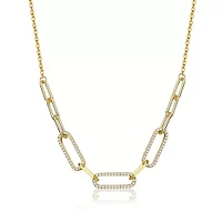 Lab Created Sterling Silver 14K Gold Plated with Clear Cubic Zirconia Elongated Cable Link Chain Necklace