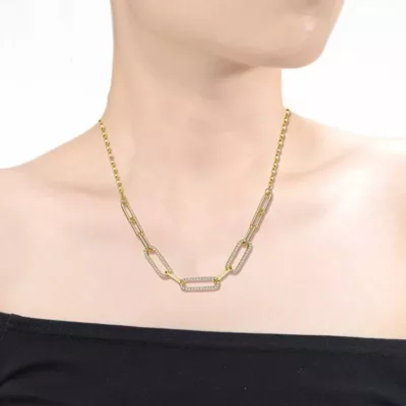 Lab Created Sterling Silver 14K Gold Plated with Clear Cubic Zirconia Elongated Cable Link Chain Necklace