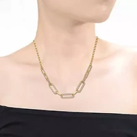 Lab Created Sterling Silver 14K Gold Plated with Clear Cubic Zirconia Elongated Cable Link Chain Necklace