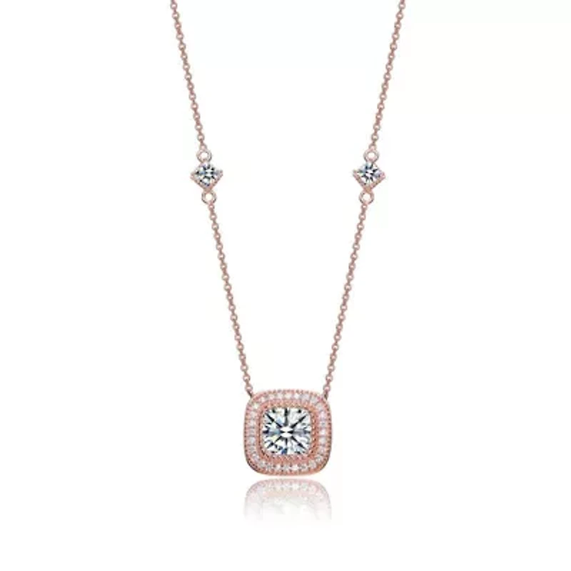 Lab Created Sterling Silver 18K Rose Gold Plated with Clear Cubic Zirconia Square Stud Necklace