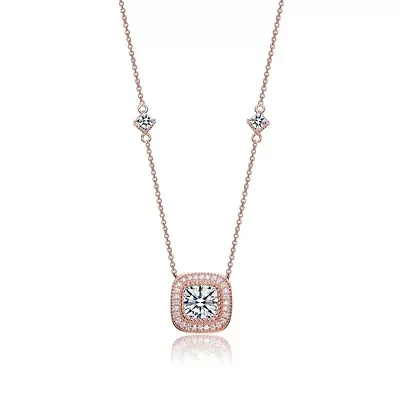 Lab Created Sterling Silver 18K Rose Gold Plated with Clear Cubic Zirconia Square Stud Necklace