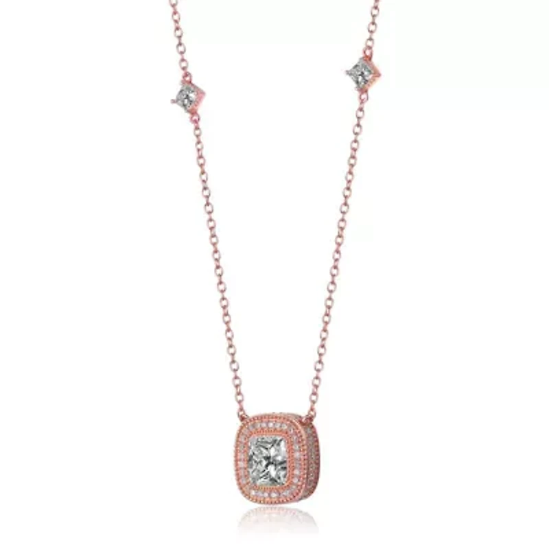 Lab Created Sterling Silver 18K Rose Gold Plated with Clear Cubic Zirconia Square Stud Necklace