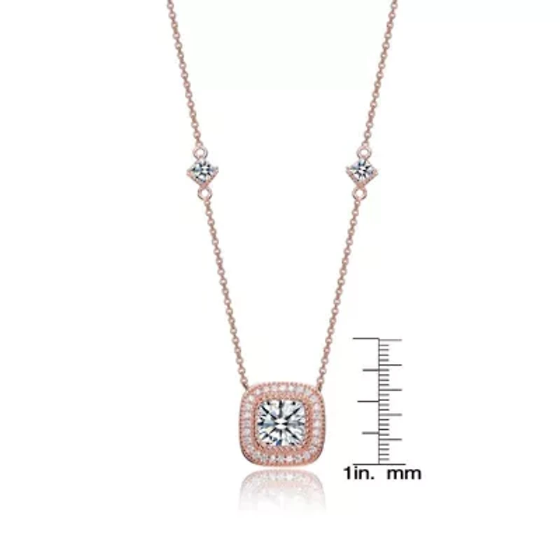 Lab Created Sterling Silver 18K Rose Gold Plated with Clear Cubic Zirconia Square Stud Necklace
